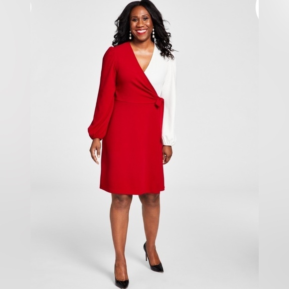 KASPER
WOMENS SURPLICE RUCHED SHEATH DRESS Red White XL - Picture 1 of 12